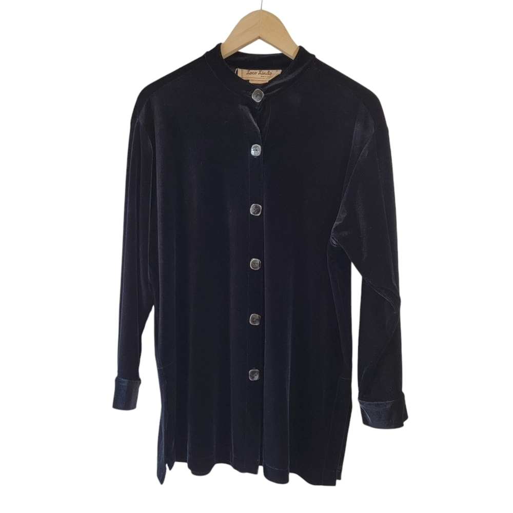 VTG 70's Black Button-Up Long Sleeve Velvet Shirt Sz Small Whimsygoth Grunge